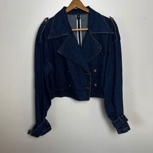 Cider Woman's Dark Wash Cropped Double Breasted Denim Moto Jacket XL